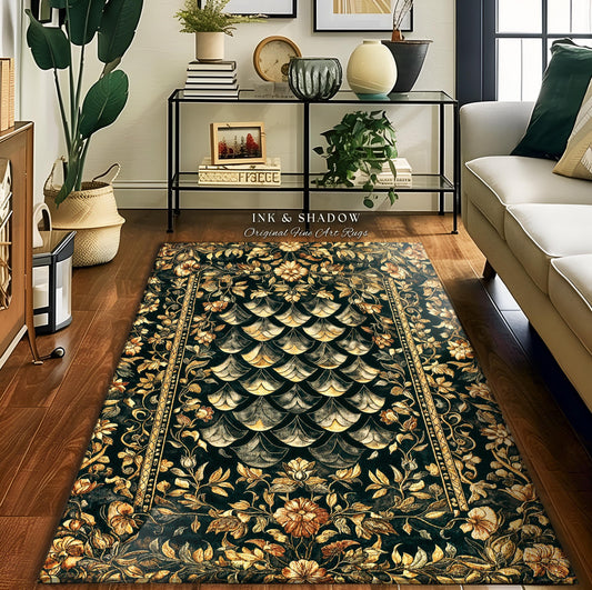 May include: A rectangular rug with a dark green background and a floral design in gold and brown. The rug features a central pattern of overlapping, fan-shaped elements and a decorative border. The text "INK & SHADOW Original Fine Art Rugs" is visible.