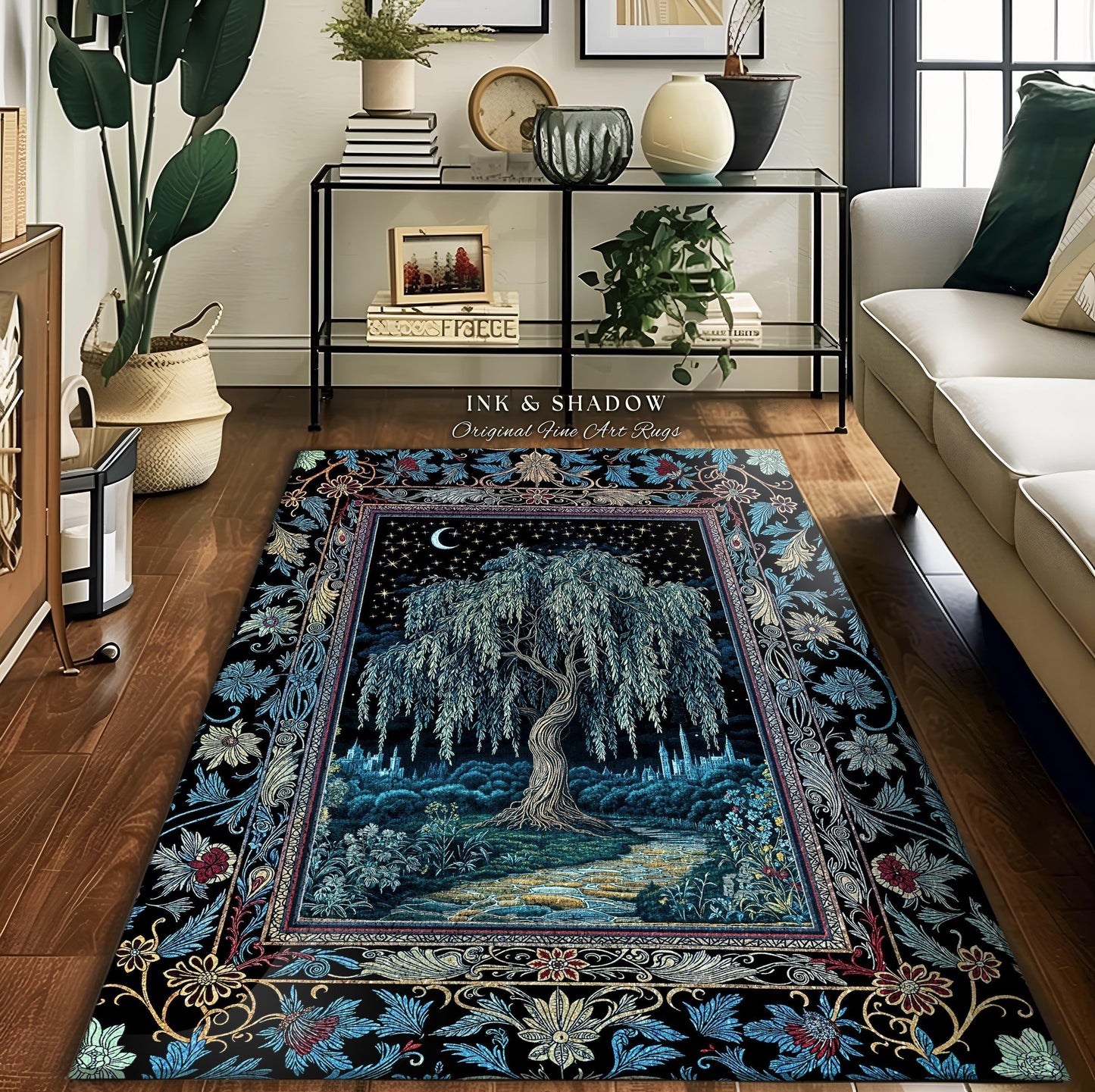 Starry Night Weeping Willow Tree Runner Rug | Woodland Folklore Moonlit Celestial Castle Fairytale Decor Ethereal Witchy Whimsy Floor Accent