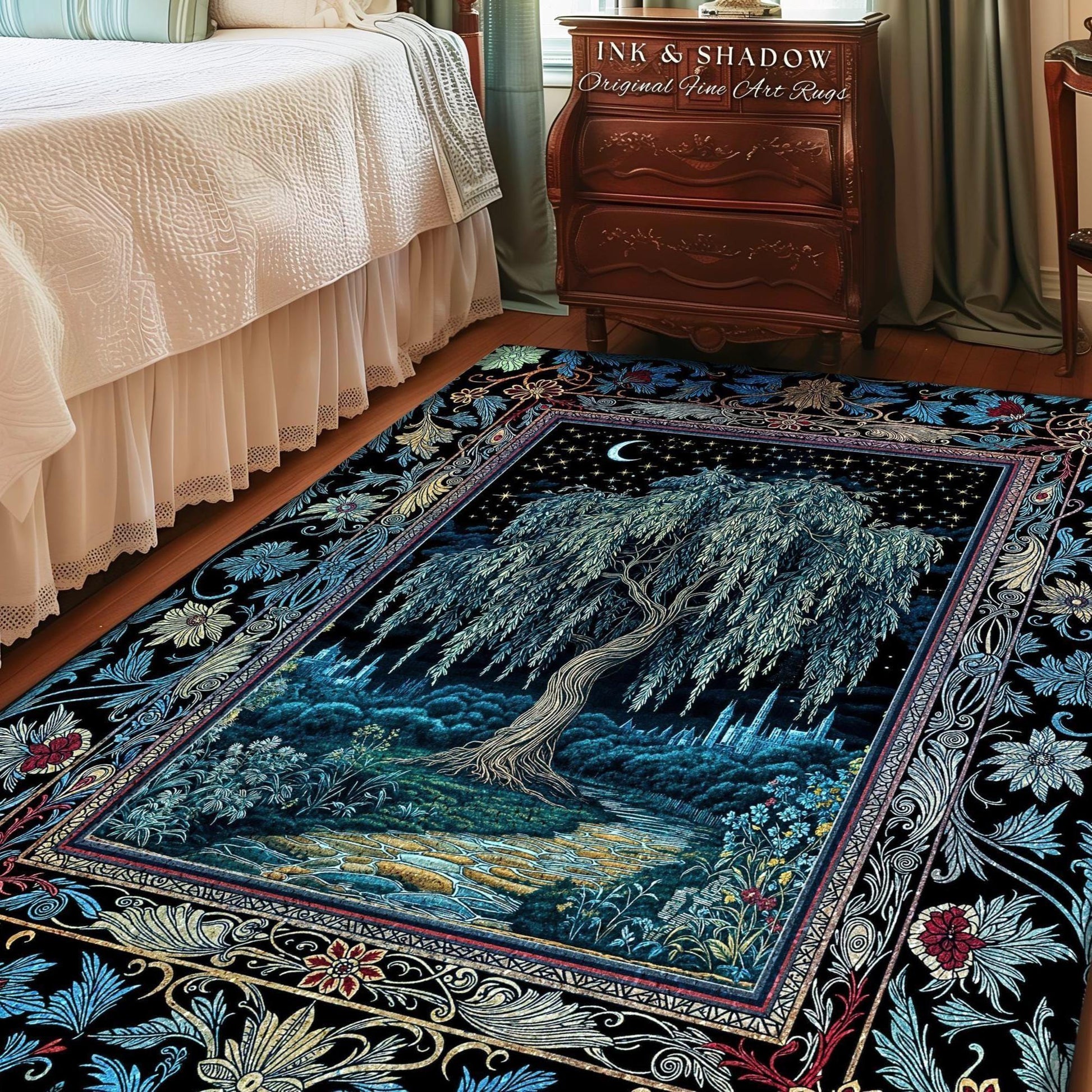 Starry Night Weeping Willow Tree Runner Rug | Woodland Folklore Moonlit Celestial Castle Fairytale Decor Ethereal Witchy Whimsy Floor Accent