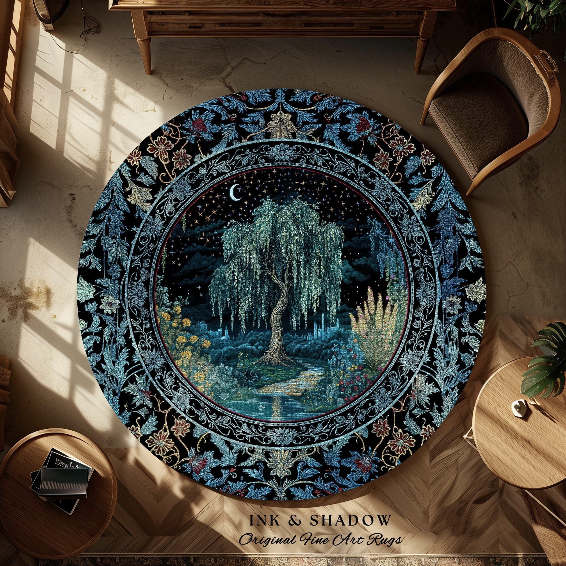 Starry Night Weeping Willow Tree Runner Rug | Woodland Folklore Moonlit Celestial Castle Fairytale Decor Ethereal Witchy Whimsy Floor Accent