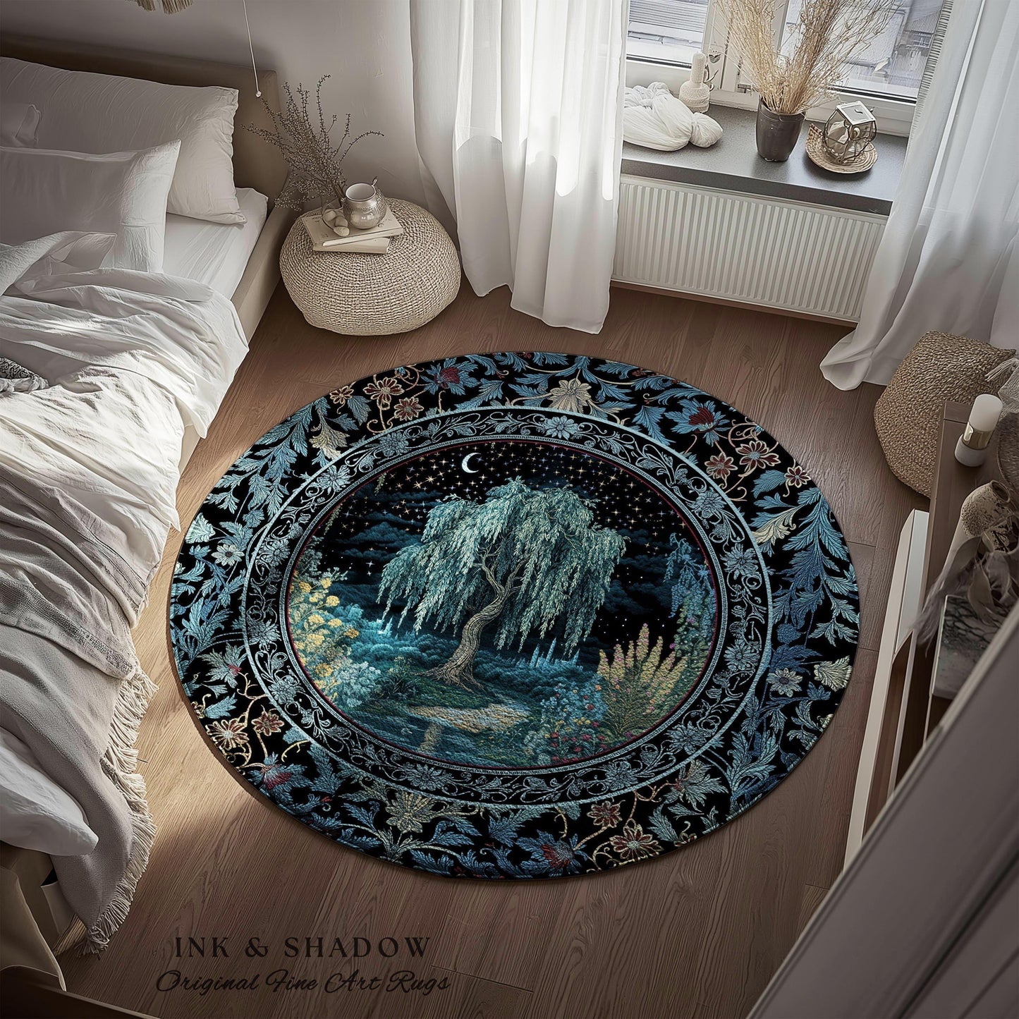 Starry Night Weeping Willow Tree Runner Rug | Woodland Folklore Moonlit Celestial Castle Fairytale Decor Ethereal Witchy Whimsy Floor Accent
