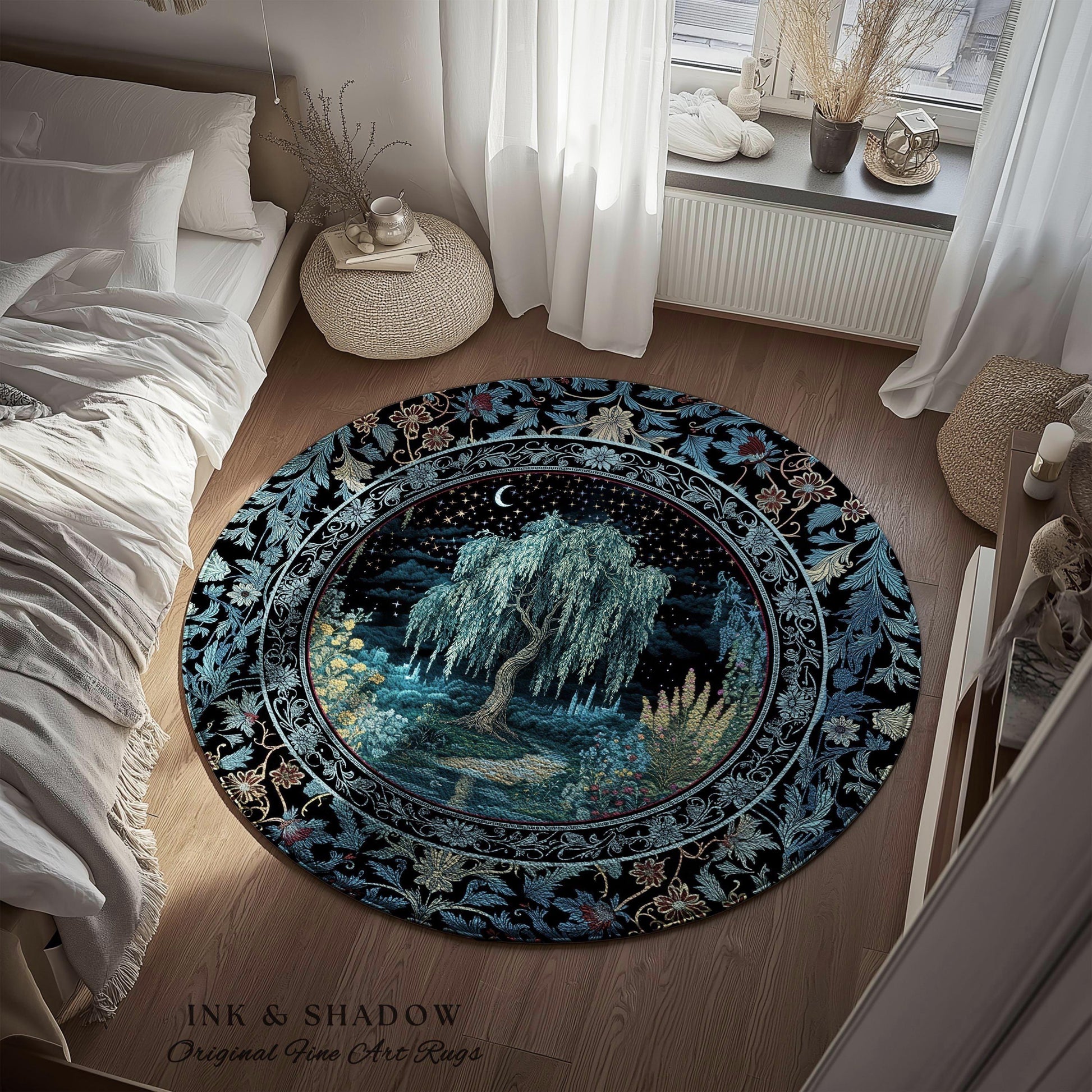 Starry Night Weeping Willow Tree Runner Rug | Woodland Folklore Moonlit Celestial Castle Fairytale Decor Ethereal Witchy Whimsy Floor Accent
