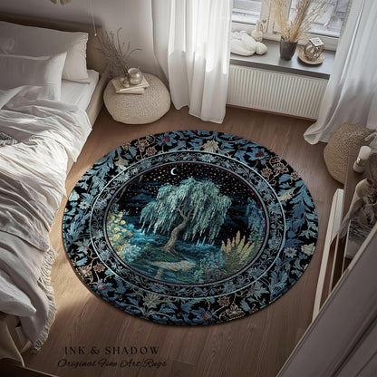 Starry Night Weeping Willow Tree Runner Rug | Woodland Folklore Moonlit Celestial Castle Fairytale Decor Ethereal Witchy Whimsy Floor Accent