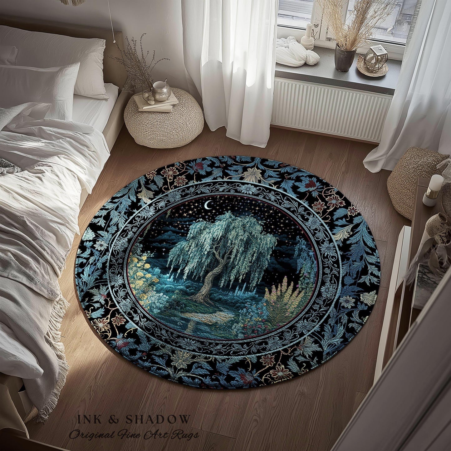 Starry Night Weeping Willow Tree Rug | Woodland Folklore Aesthetic Moonlit Castle Fairytale Decor Ethereal Witchy Home Interior Accent Boho
