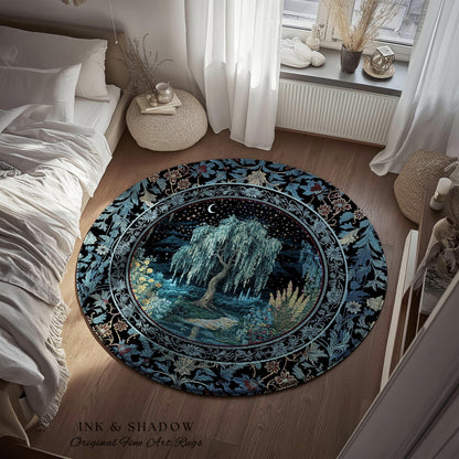 Starry Night Weeping Willow Tree Rug | Woodland Folklore Aesthetic Moonlit Castle Fairytale Decor Ethereal Witchy Home Interior Accent Boho