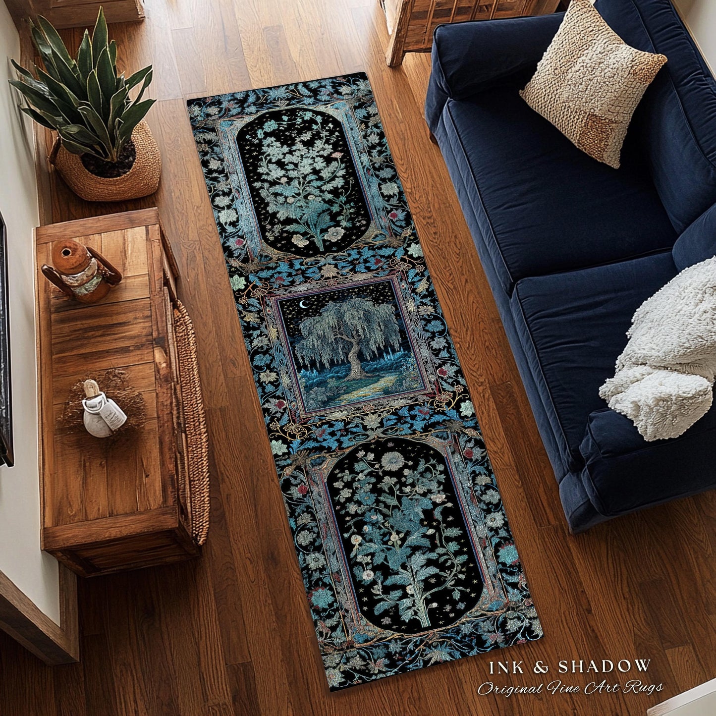 Starry Night Weeping Willow Tree Runner Rug | Woodland Folklore Moonlit Celestial Castle Fairytale Decor Ethereal Witchy Whimsy Floor Accent