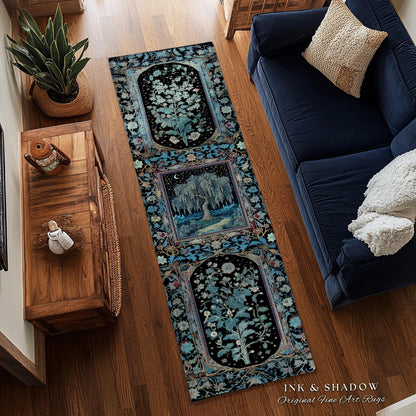 Starry Night Weeping Willow Tree Runner Rug | Woodland Folklore Moonlit Celestial Castle Fairytale Decor Ethereal Witchy Whimsy Floor Accent