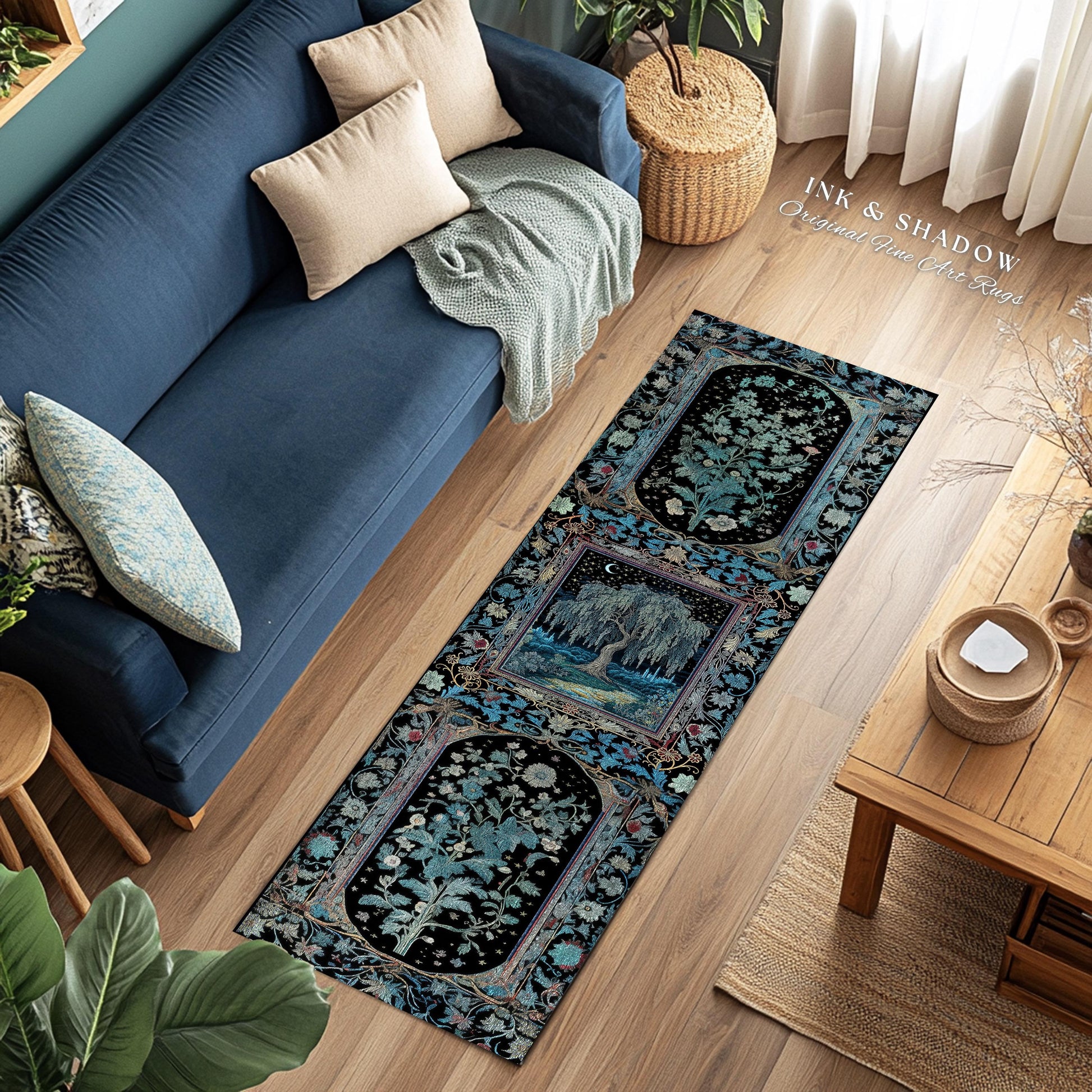 Starry Night Weeping Willow Tree Runner Rug | Woodland Folklore Moonlit Celestial Castle Fairytale Decor Ethereal Witchy Whimsy Floor Accent