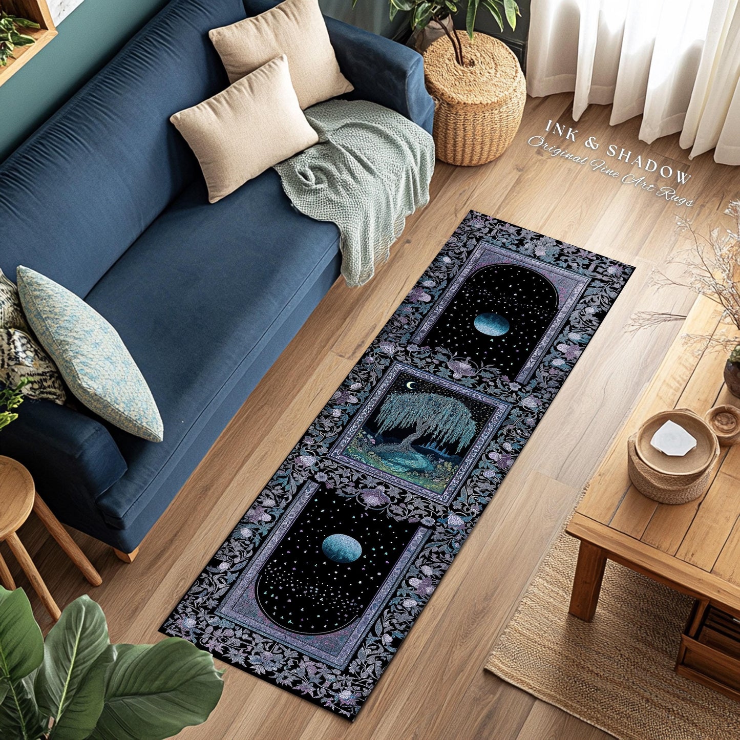 Dreamy Willow Tree Moody Celestial Moon Runner Rug | Enchanted Folklore Storybook Decor Witchy Dark Academia Medieval Style Floor Art Accent
