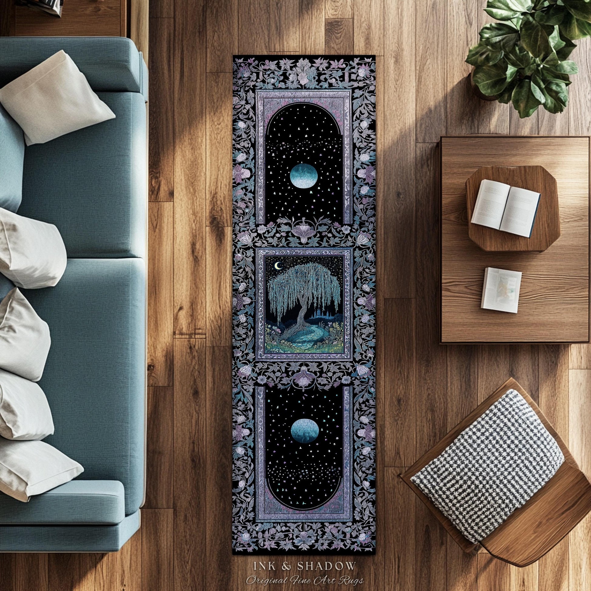 Dreamy Willow Tree Moody Celestial Moon Runner Rug | Enchanted Folklore Storybook Decor Witchy Dark Academia Medieval Style Floor Art Accent