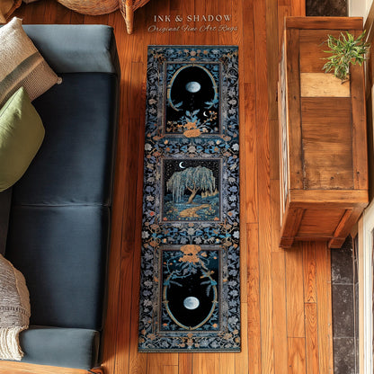 Crescent Moon Medieval Forest Runner Rug | Weeping Willow Tree Fairytale Castle Garden Folklore Decor Whimsical Celestial Art Floor Accent