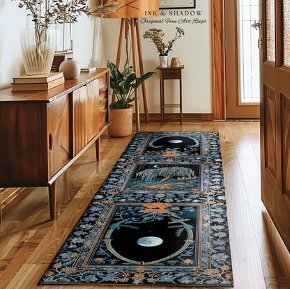 Crescent Moon Medieval Forest Runner Rug | Weeping Willow Tree Fairytale Castle Garden Folklore Decor Whimsical Celestial Art Floor Accent