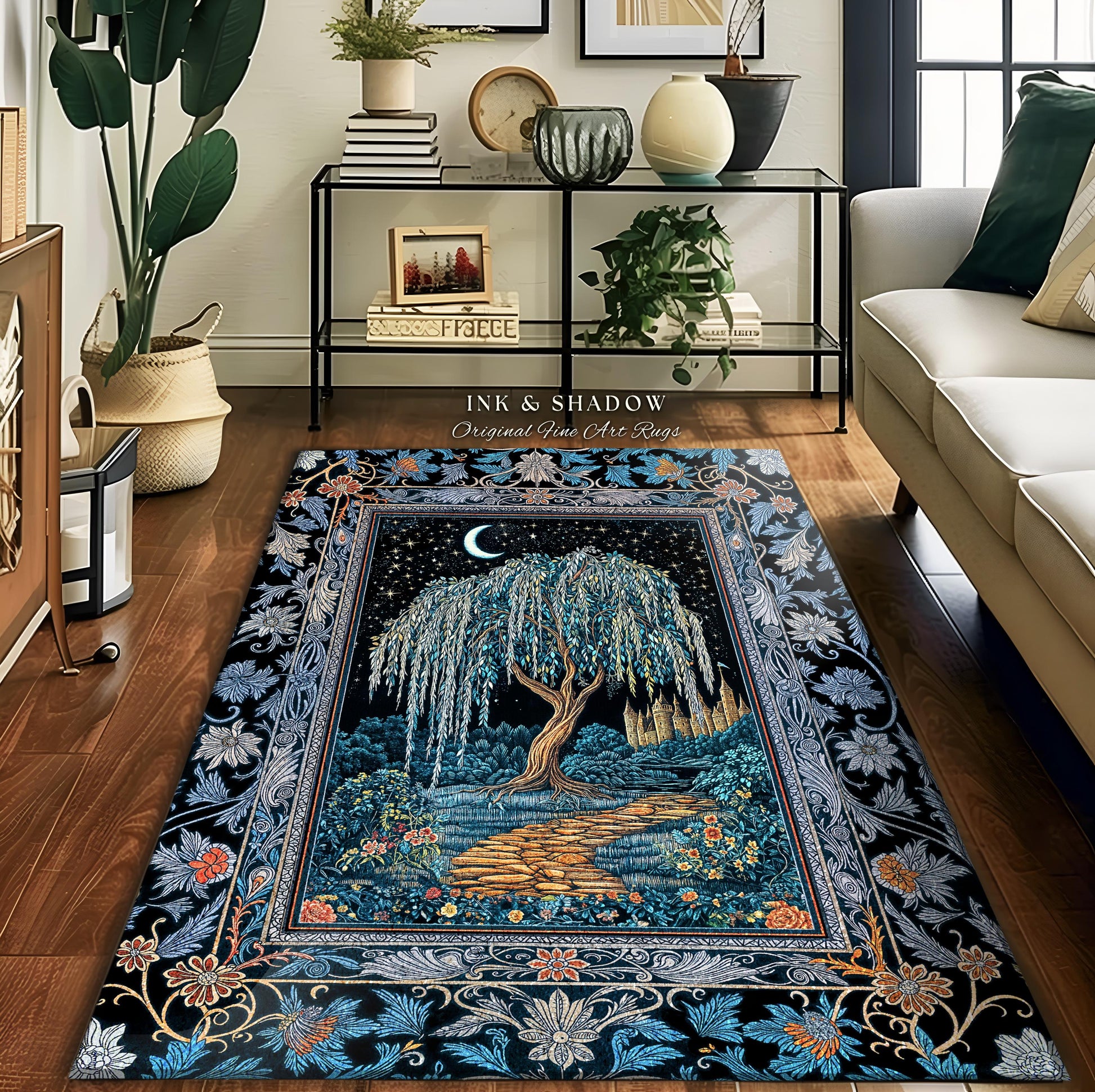Crescent Moon Medieval Forest Runner Rug | Weeping Willow Tree Fairytale Castle Garden Folklore Decor Whimsical Celestial Art Floor Accent