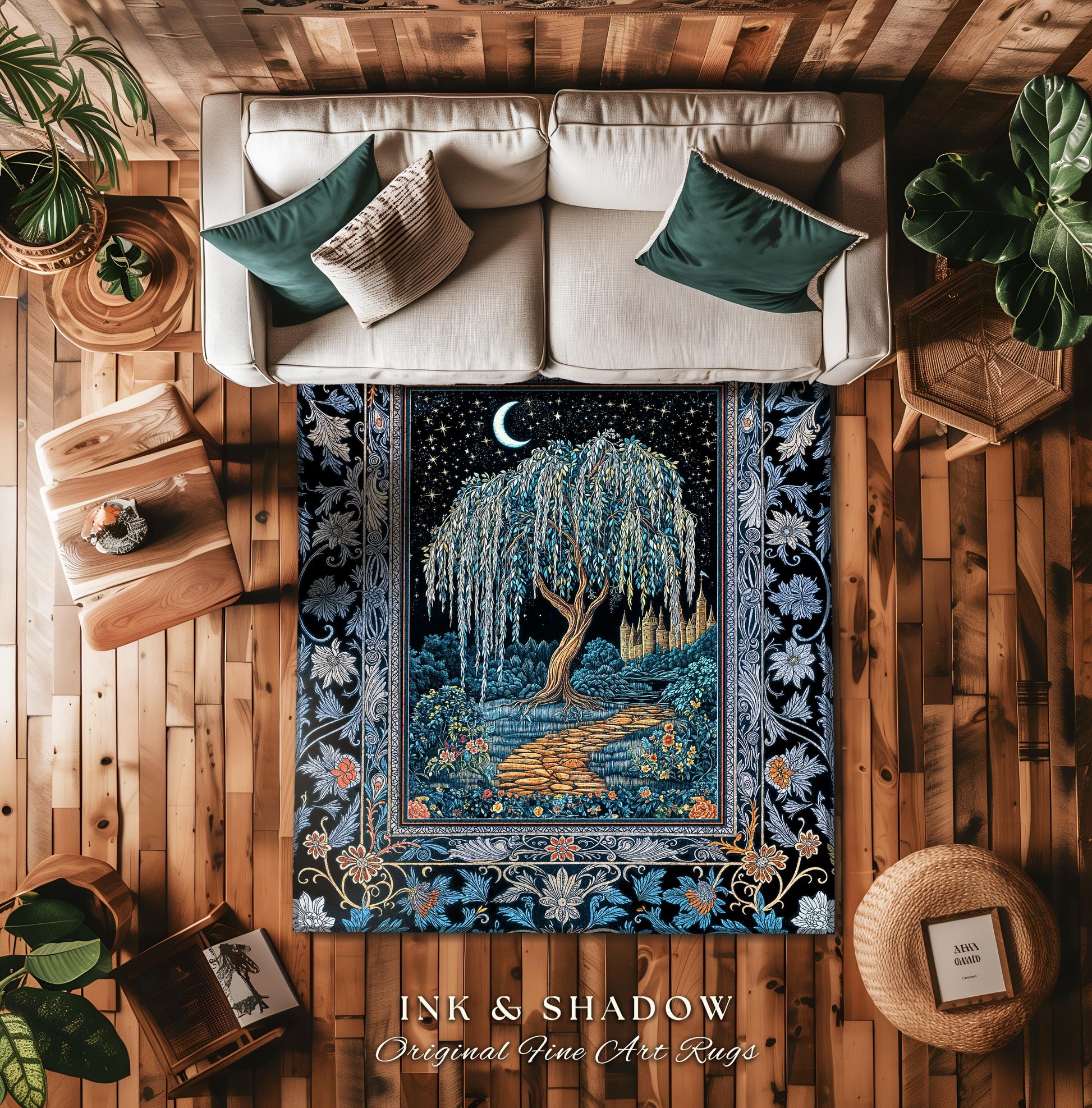 Crescent Moon Medieval Forest Rug | Weeping Willow Tree Fairytale Castle Garden Folklore Decor Celestial Home Accent Witchcore Aesthetic