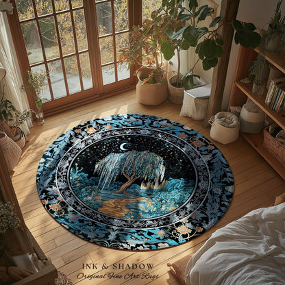 Crescent Moon Medieval Forest Runner Rug | Weeping Willow Tree Fairytale Castle Garden Folklore Decor Whimsical Celestial Art Floor Accent