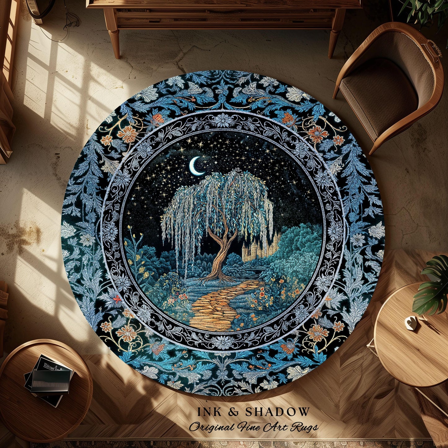 Crescent Moon Medieval Forest Rug | Weeping Willow Tree Fairytale Castle Garden Folklore Decor Celestial Home Accent Witchcore Aesthetic