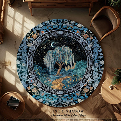 Crescent Moon Medieval Forest Rug | Weeping Willow Tree Fairytale Castle Garden Folklore Decor Celestial Home Accent Witchcore Aesthetic