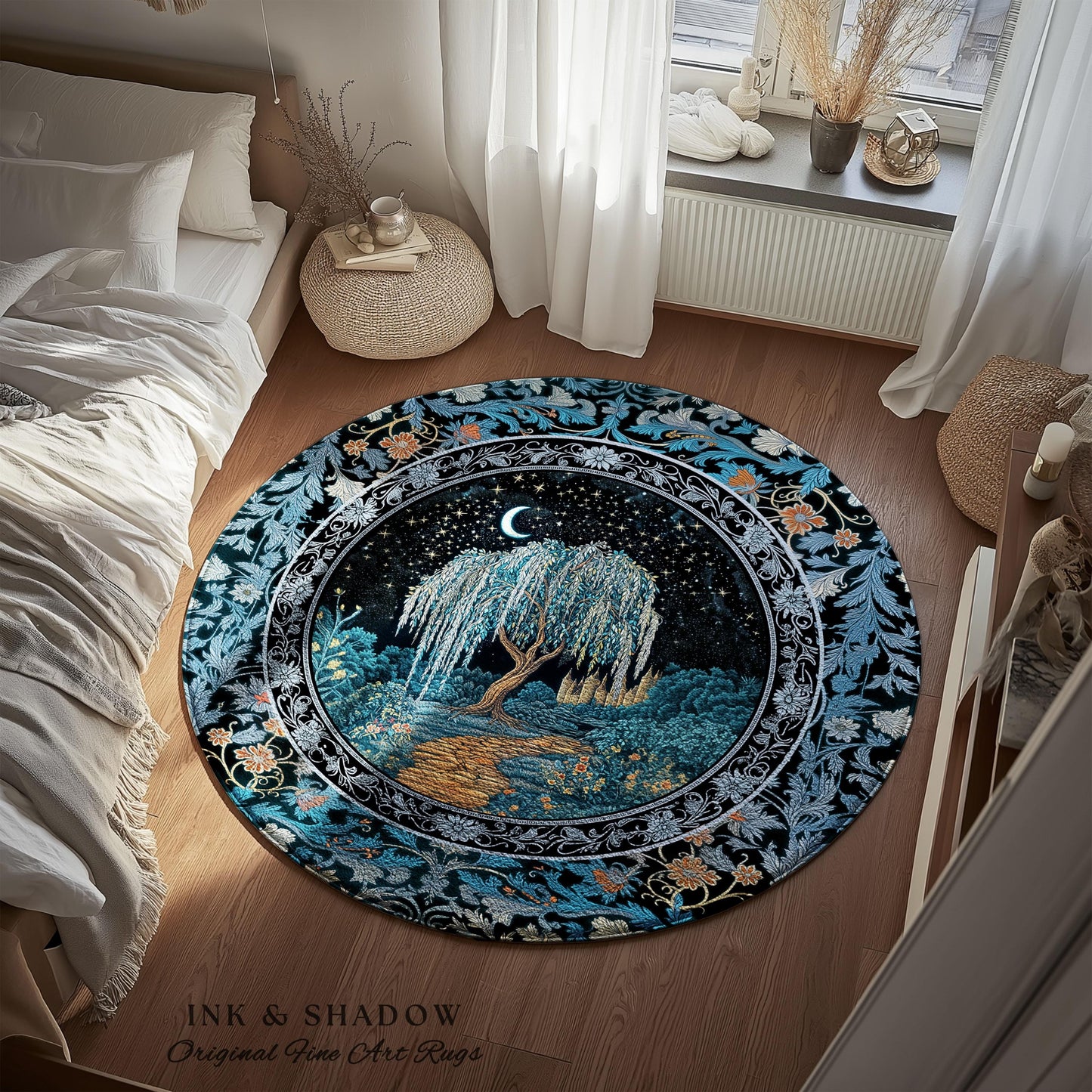 Crescent Moon Medieval Forest Runner Rug | Weeping Willow Tree Fairytale Castle Garden Folklore Decor Whimsical Celestial Art Floor Accent