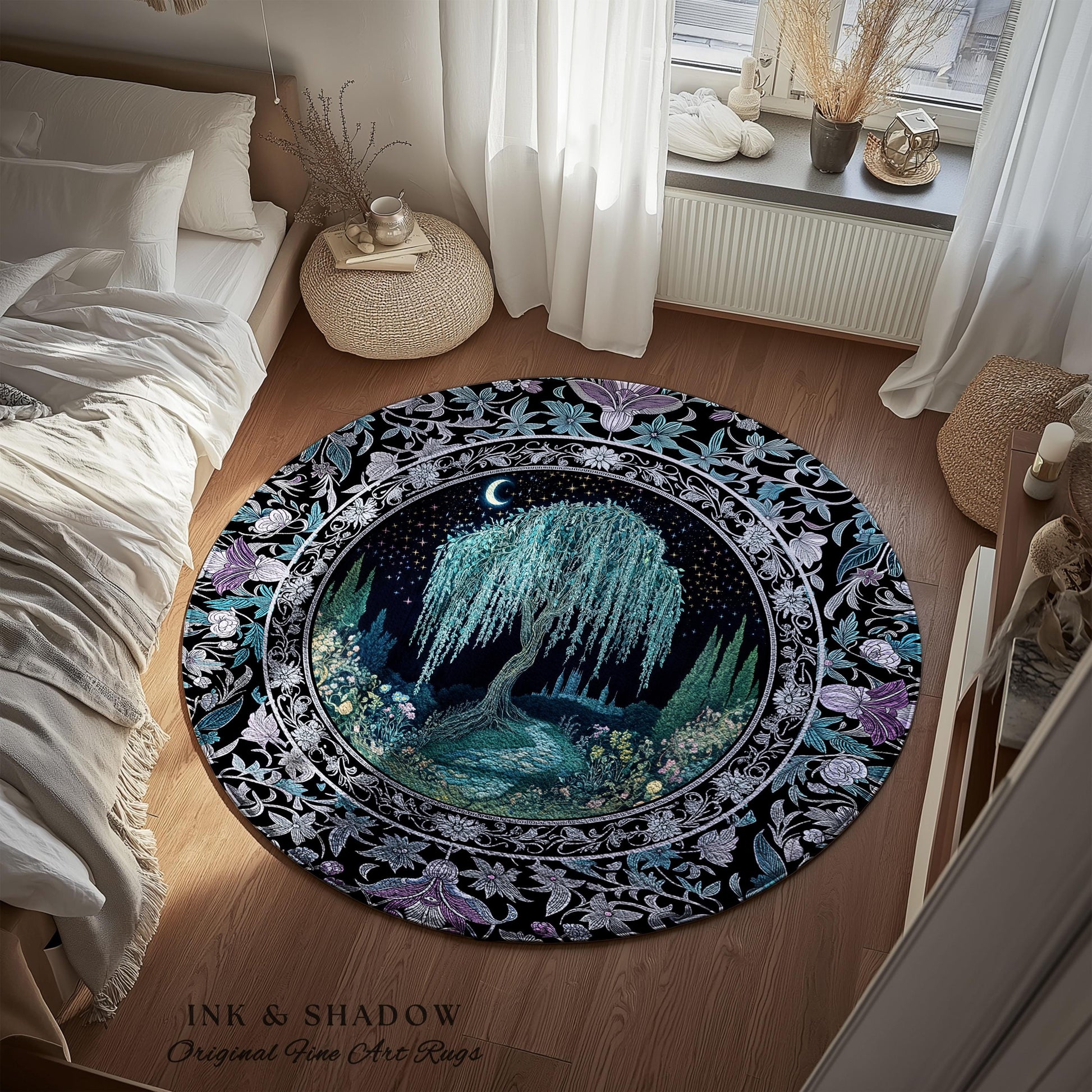 Dreamy Willow Tree Moody Celestial Moon Runner Rug | Enchanted Folklore Storybook Decor Witchy Dark Academia Medieval Style Floor Art Accent