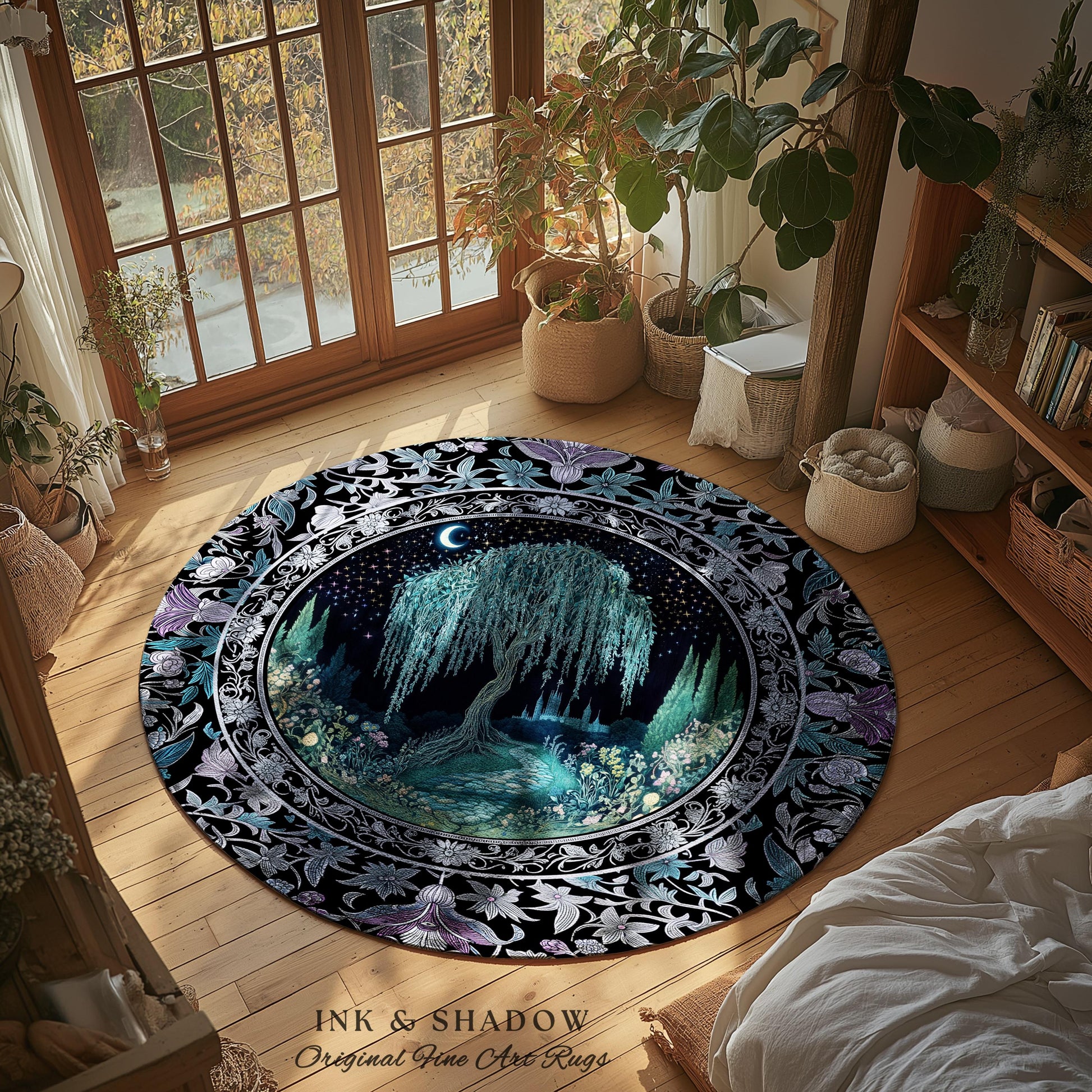 Dreamy Willow Tree Moody Celestial Moon Runner Rug | Enchanted Folklore Storybook Decor Witchy Dark Academia Medieval Style Floor Art Accent