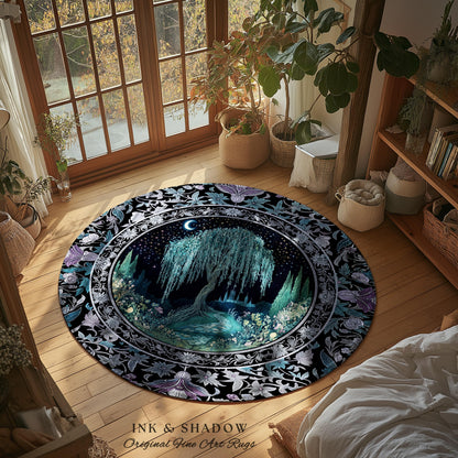 Dreamy Willow Tree Moody Celestial Moon Runner Rug | Enchanted Folklore Storybook Decor Witchy Dark Academia Medieval Style Floor Art Accent