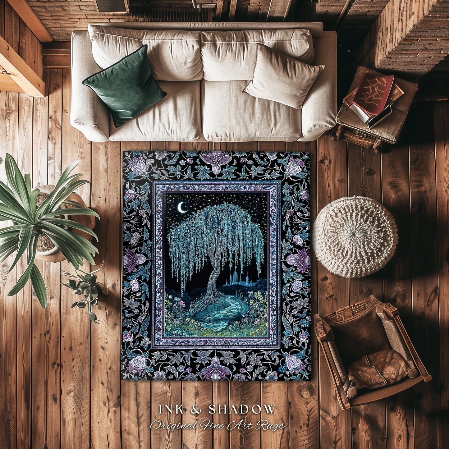 Dreamy Willow Tree Moody Celestial Moon Runner Rug | Enchanted Folklore Storybook Decor Witchy Dark Academia Medieval Style Floor Art Accent