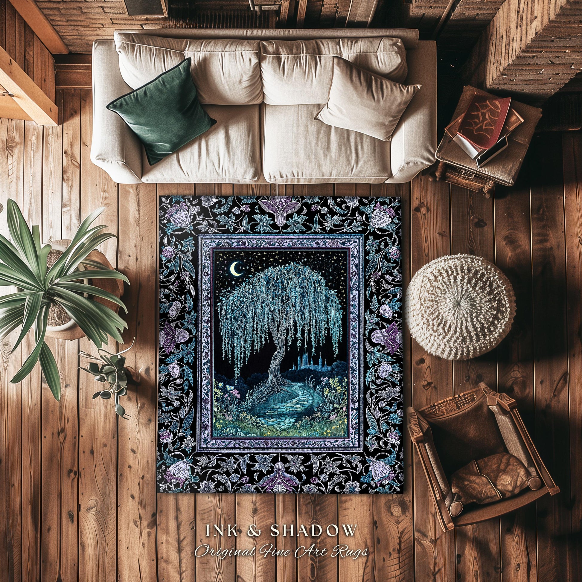 Dreamy Willow Tree Moody Celestial Moon Runner Rug | Enchanted Folklore Storybook Decor Witchy Dark Academia Medieval Style Floor Art Accent