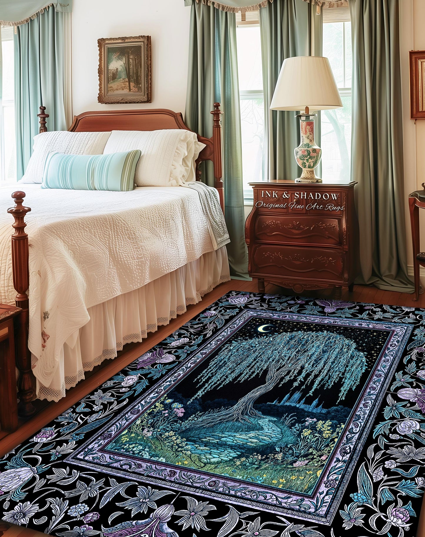 Dreamy Willow Tree Moody Celestial Moon Runner Rug | Enchanted Folklore Storybook Decor Witchy Dark Academia Medieval Style Floor Art Accent