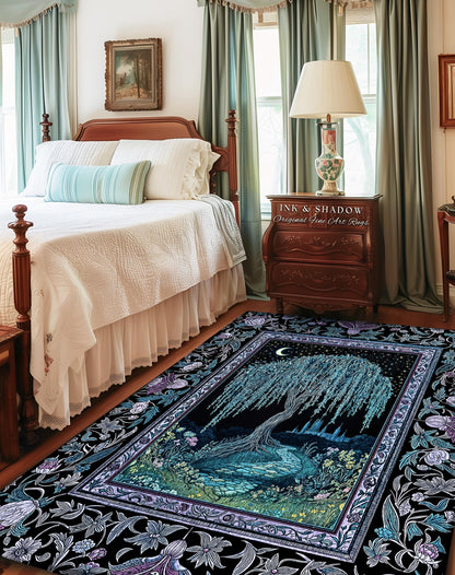 Dreamy Willow Tree Moody Celestial Moon Runner Rug | Enchanted Folklore Storybook Decor Witchy Dark Academia Medieval Style Floor Art Accent