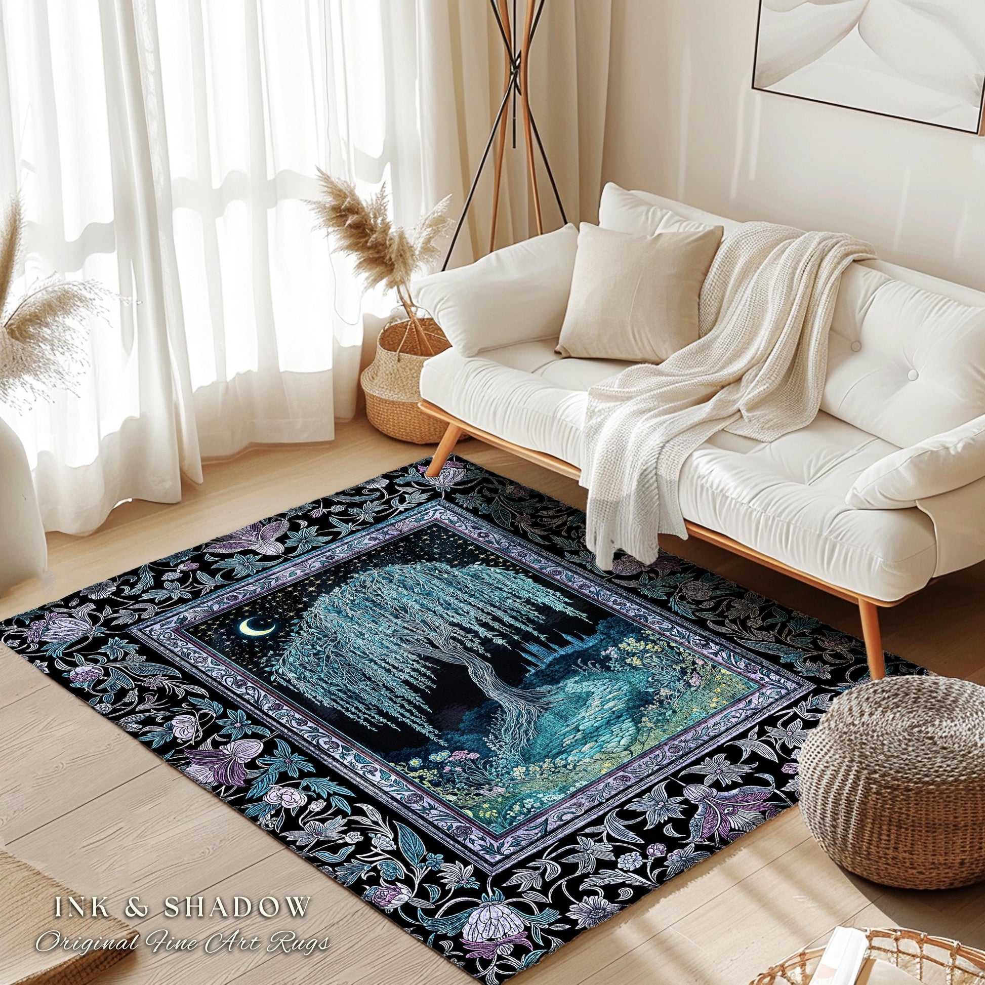 Dreamy Willow Tree Moody Celestial Moon Runner Rug | Enchanted Folklore Storybook Decor Witchy Dark Academia Medieval Style Floor Art Accent