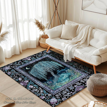Dreamy Willow Tree Moody Celestial Moon Runner Rug | Enchanted Folklore Storybook Decor Witchy Dark Academia Medieval Style Floor Art Accent