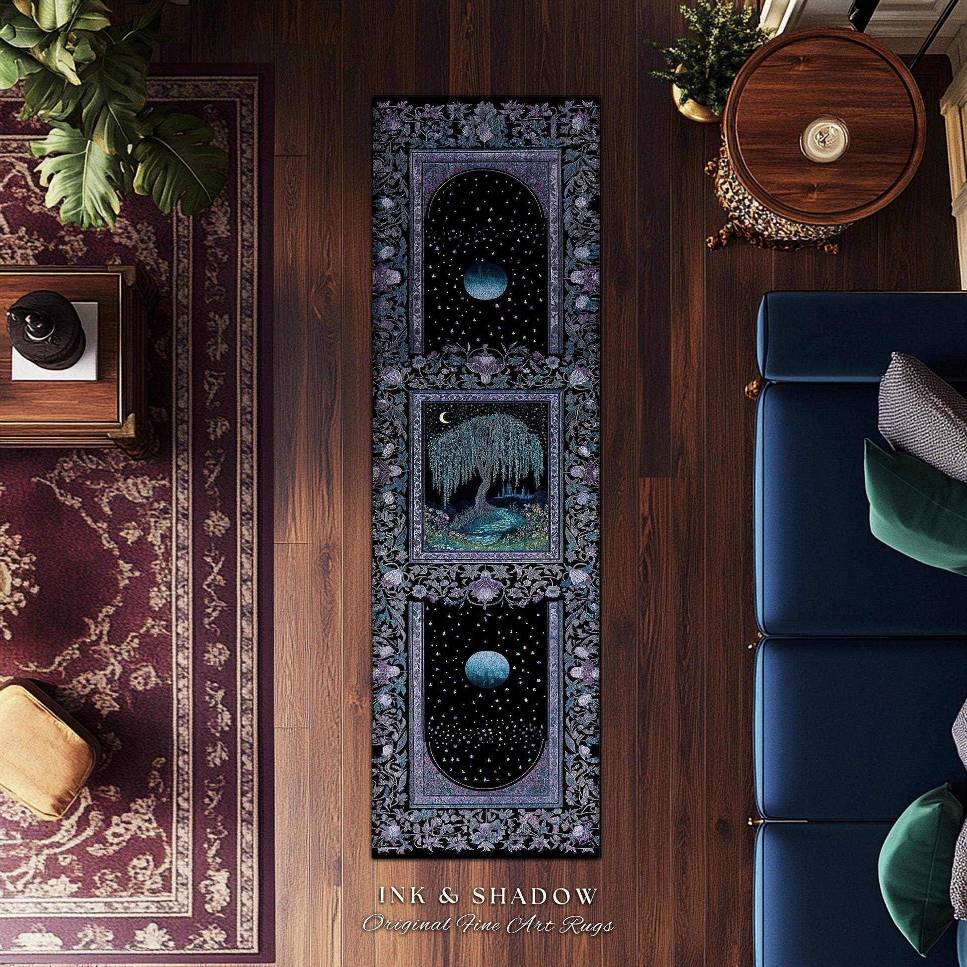 Dreamy Willow Tree Moody Celestial Moon Runner Rug | Enchanted Folklore Storybook Decor Witchy Dark Academia Medieval Style Floor Art Accent