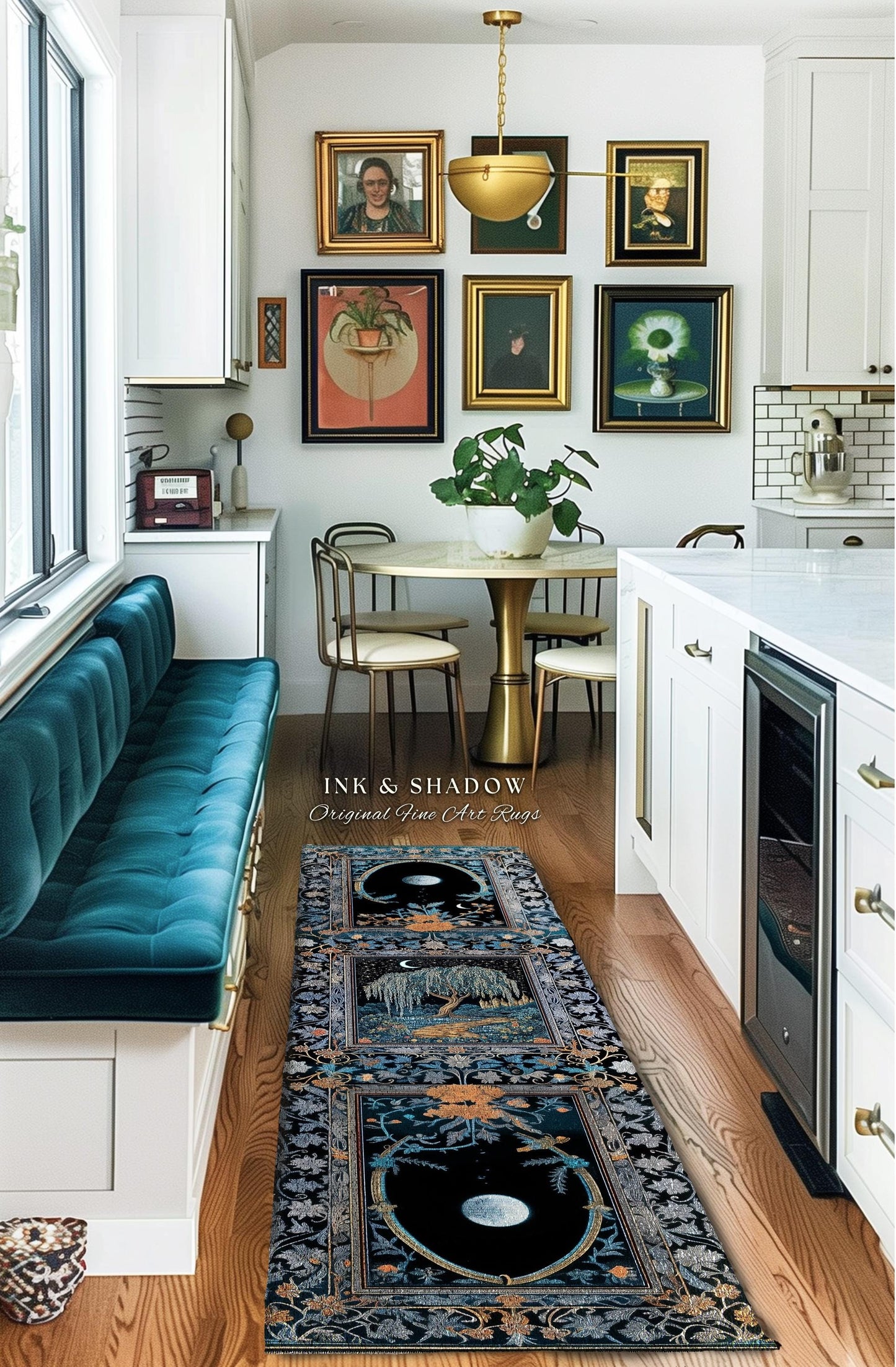 Crescent Moon Medieval Forest Runner Rug | Weeping Willow Tree Fairytale Castle Garden Folklore Decor Whimsical Celestial Art Floor Accent