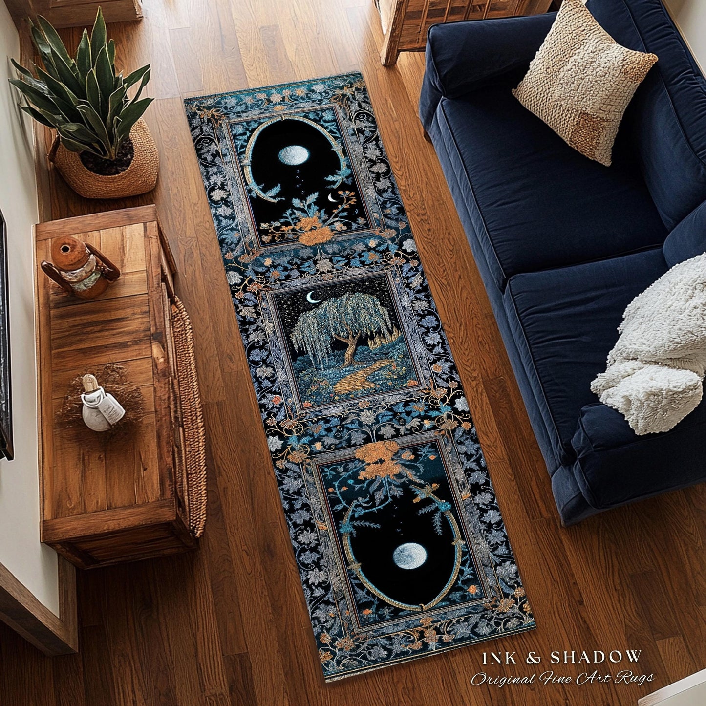Crescent Moon Medieval Forest Runner Rug | Weeping Willow Tree Fairytale Castle Garden Folklore Decor Whimsical Celestial Art Floor Accent