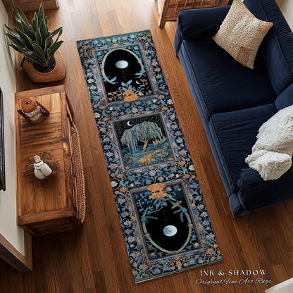 Crescent Moon Medieval Forest Runner Rug | Weeping Willow Tree Fairytale Castle Garden Folklore Decor Whimsical Celestial Art Floor Accent