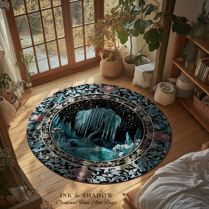 Mystic Weeping Willow Round Accent Rug | Moonlit Castle Moody Starry Night Woodland Folklore Fantasy Dark Academia Dreamy Style Home Decor