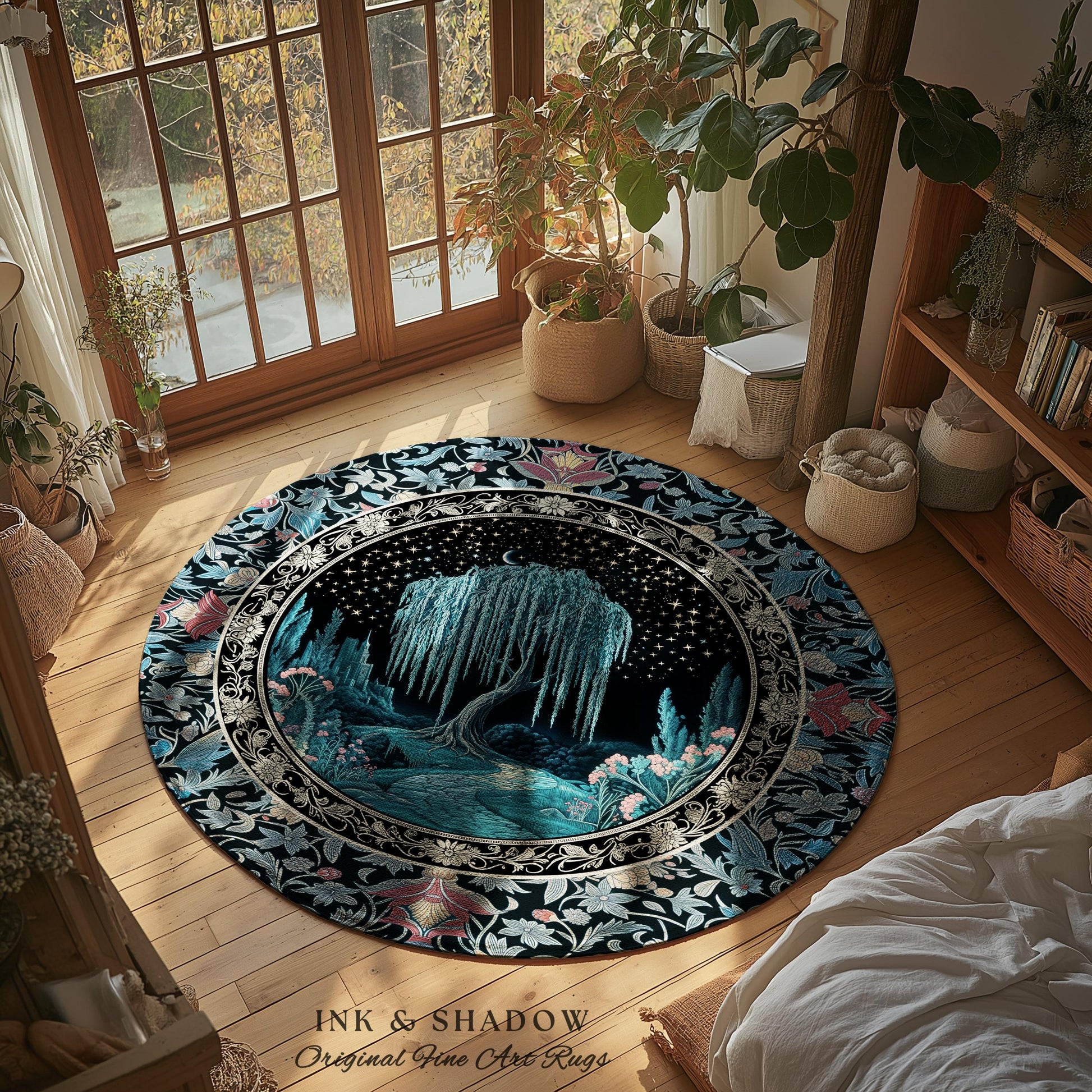 Mystic Weeping Willow Whimsical Runner Rug | Moody Moonlit Castle Starry Night Woodland Folklore Fantasy Dark Academia Dreamy Floor Art Mat