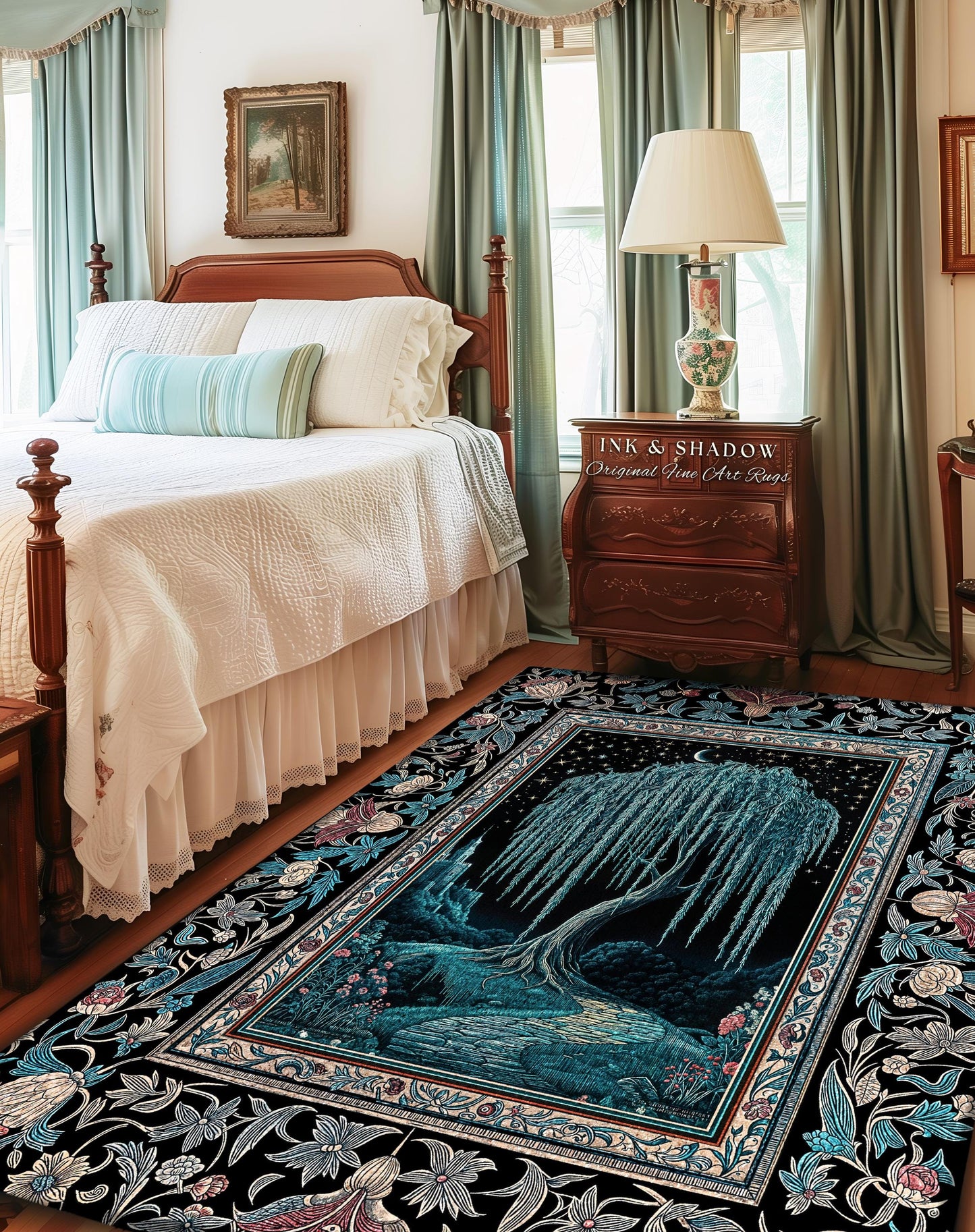 Mystic Weeping Willow Whimsical Runner Rug | Moody Moonlit Castle Starry Night Woodland Folklore Fantasy Dark Academia Dreamy Floor Art Mat