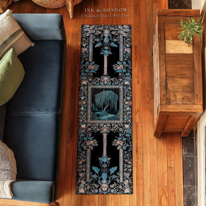 Mystic Weeping Willow Round Accent Rug | Moonlit Castle Moody Starry Night Woodland Folklore Fantasy Dark Academia Dreamy Style Home Decor