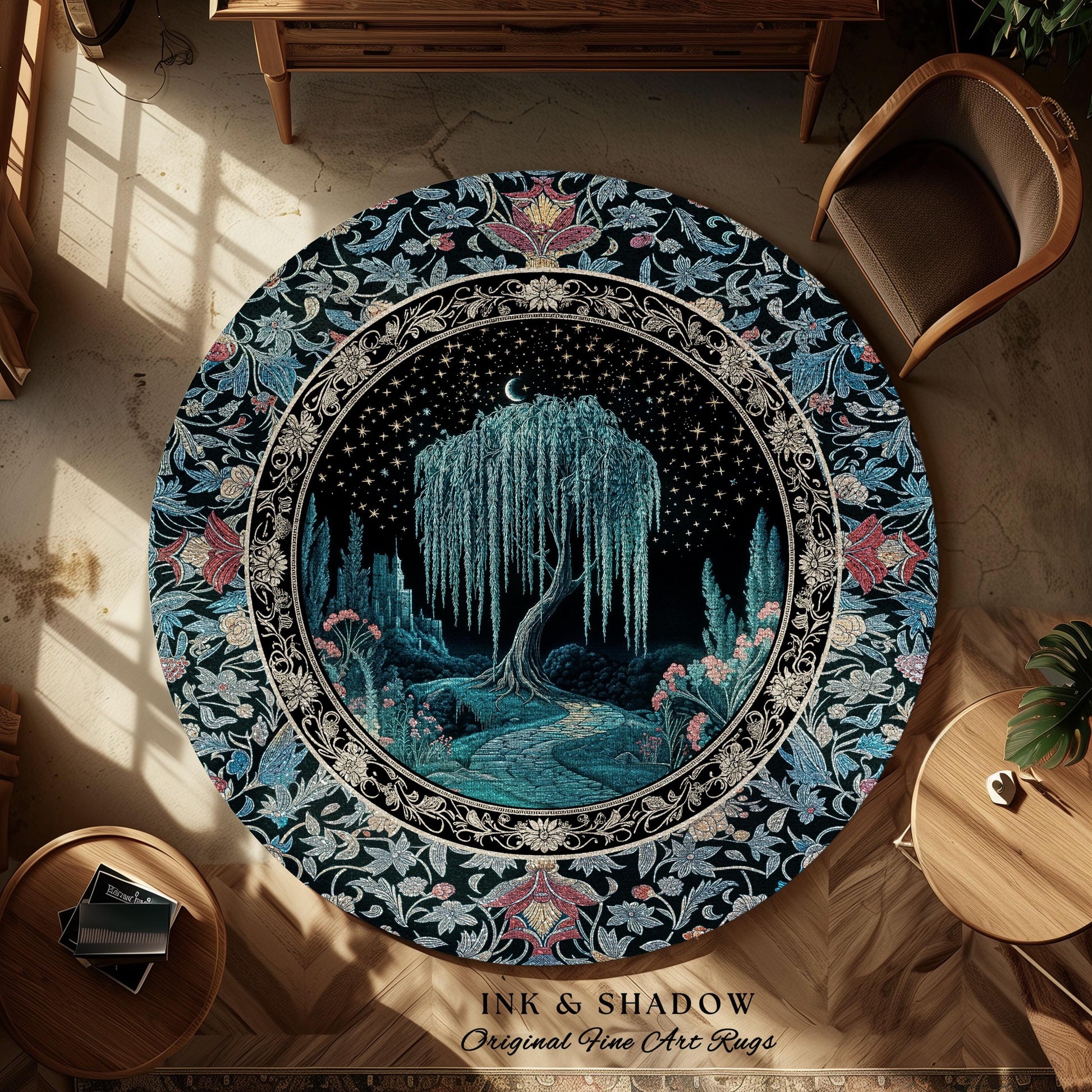 Mystic Weeping Willow Round Accent Rug | Moonlit Castle Moody Starry Night Woodland Folklore Fantasy Dark Academia Dreamy Style Home Decor