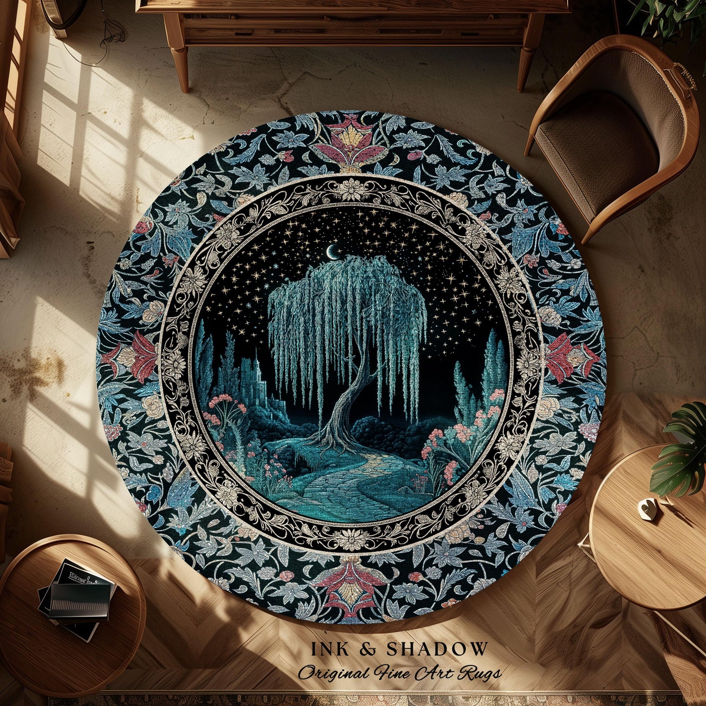 Mystic Weeping Willow Whimsical Runner Rug | Moody Moonlit Castle Starry Night Woodland Folklore Fantasy Dark Academia Dreamy Floor Art Mat