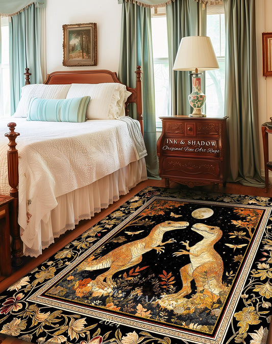 May include: A rectangular black rug with a detailed design featuring two dinosaurs facing each other under a full moon. The rug has a floral border with gold and red accents. The text "INK & SHADOW Original Fine Art Rugs" is visible on a wooden nightstand.