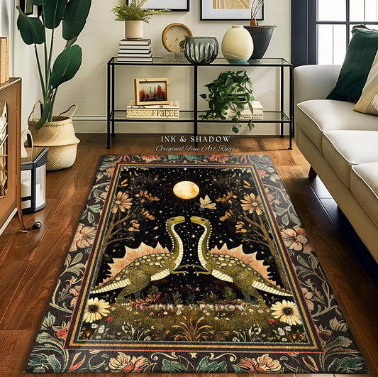 May include: A rectangular rug with a black background featuring two green dinosaurs facing each other under a full moon. The rug has a floral border and the text "INK & SHADOW Original Fine Art Rugs".
