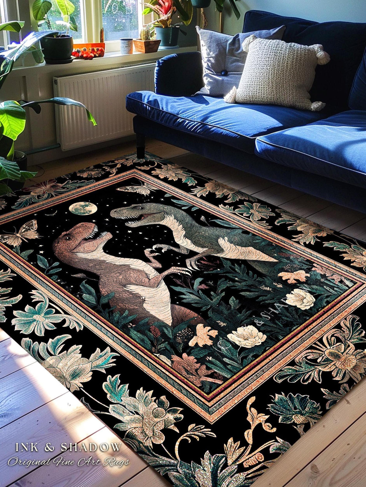 T-Rex Whimsical Academia Area Rug | Dinosaur Accent Rug Ornate Medieval Nightscape Vintage Dark Woodland Gothic Moonlit Moth Bedroom Cute |