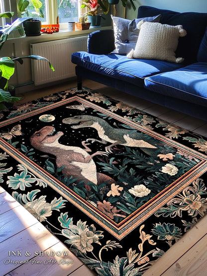 T-Rex Whimsical Academia Area Rug | Dinosaur Accent Rug Ornate Medieval Nightscape Vintage Dark Woodland Gothic Moonlit Moth Bedroom Cute |