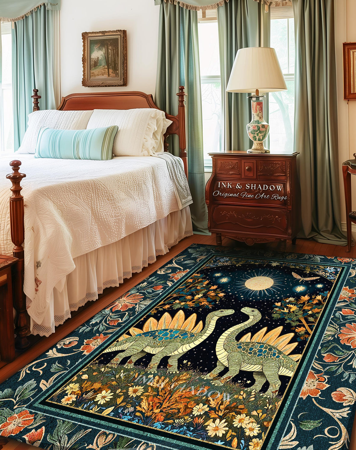 May include: A rectangular rug with a dark blue background featuring two Stegosaurus dinosaurs. The rug has a floral border with orange and red flowers. The text "INK & SHADOW Original Fine Art Rugs" is visible on the rug.