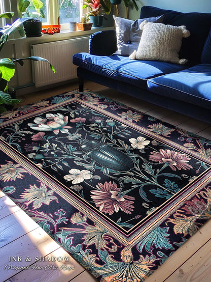 Witchy Whimsigothic Scarab Beetle Rug Enchanted Dark Academia Decor, Mystical Floral Art Victorian Gothic Cottagecore Bug Botanical Accent