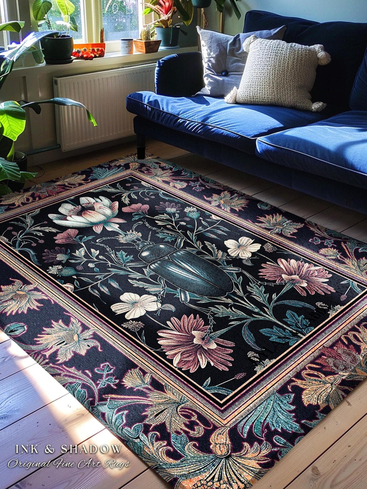 Witchy Whimsigothic Scarab Beetle Rug Enchanted Dark Academia Decor, Mystical Floral Art Victorian Gothic Cottagecore Bug Botanical Accent