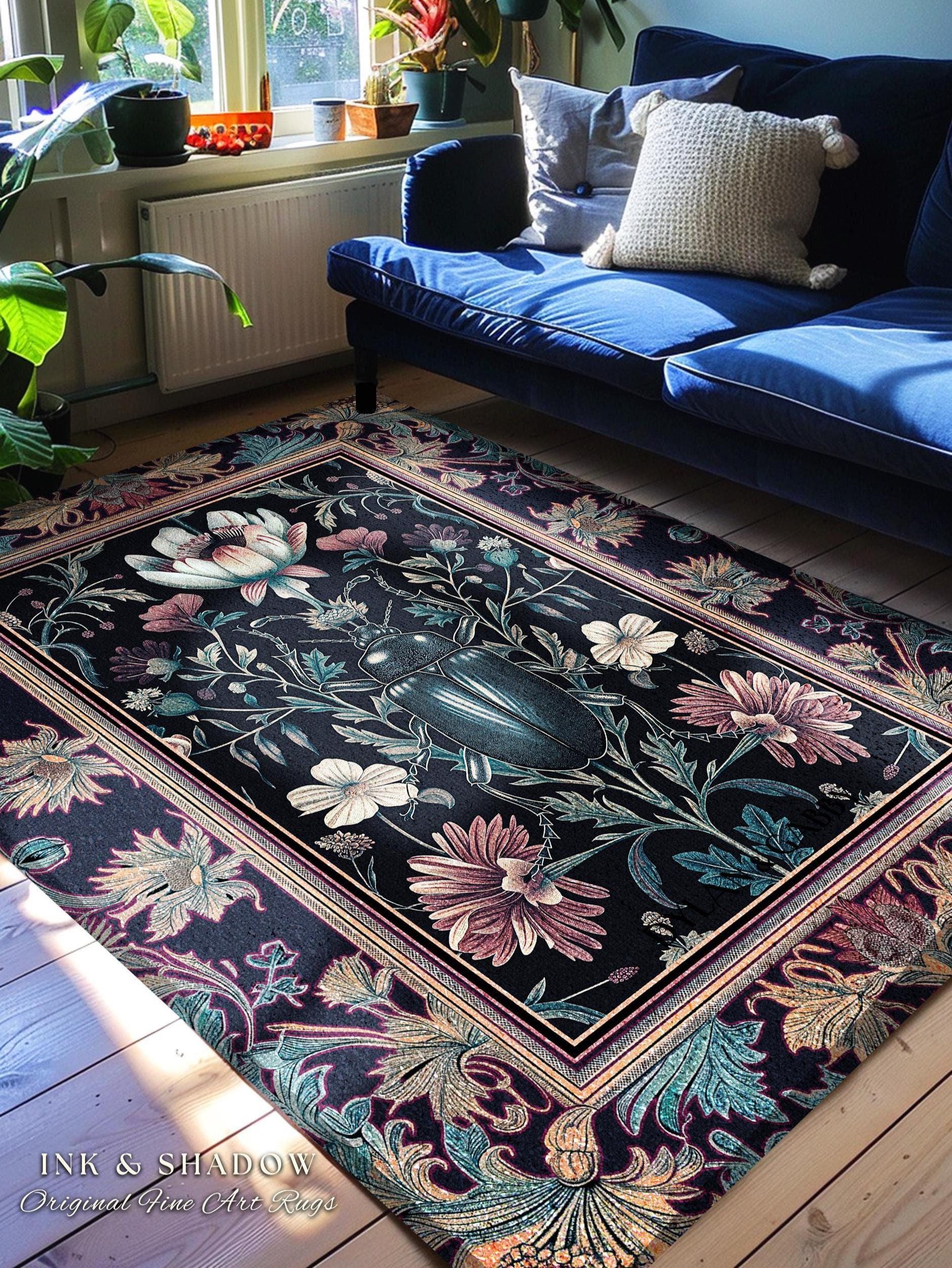 Witchy Whimsigothic Scarab Beetle Rug Enchanted Dark Academia Decor, Mystical Floral Art Victorian Gothic Cottagecore Bug Botanical Accent