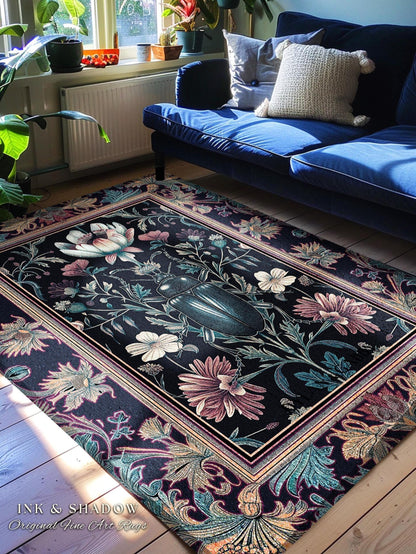 Witchy Whimsigothic Scarab Beetle Rug Enchanted Dark Academia Decor, Mystical Floral Art Victorian Gothic Cottagecore Bug Botanical Accent